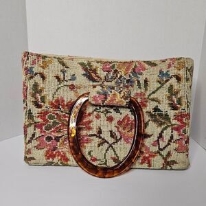Vintage JR Florida Tapestry Tortoise Handle Purse 9in H x 13.5in L